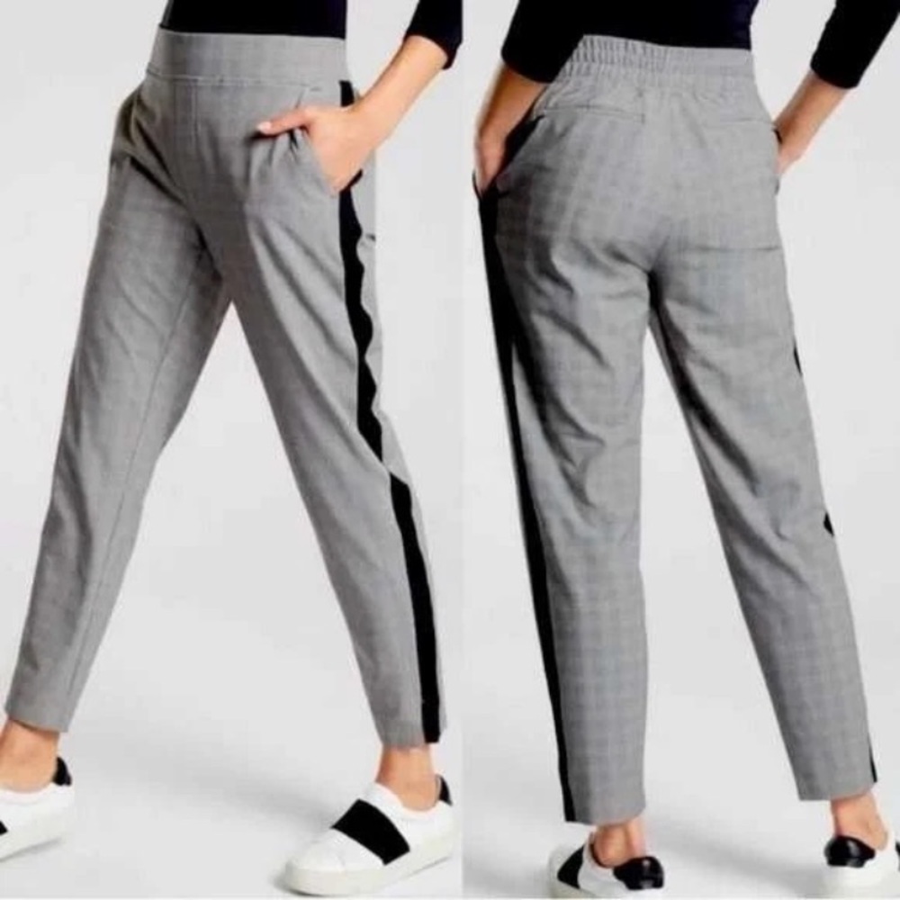 Athleta-8 Tall-Brooklyn Ankle Houndstooth Plaid Black White Pant